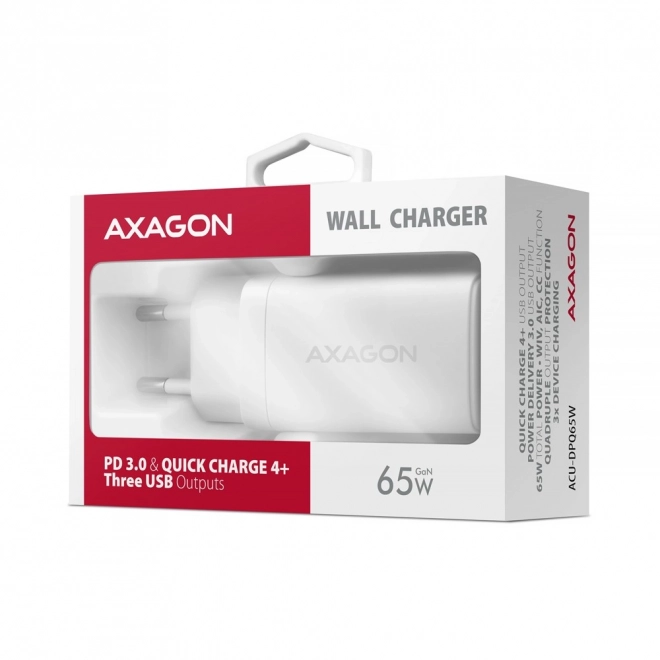 Biela cestovná nabíjačka AXAGON GaN 65W s 3 portmi USB