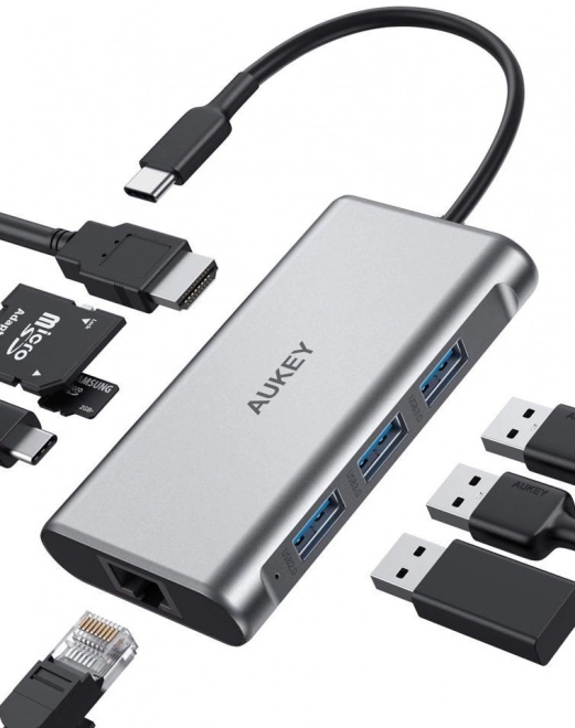 Aukey hliníkový USB-C hub 8v1