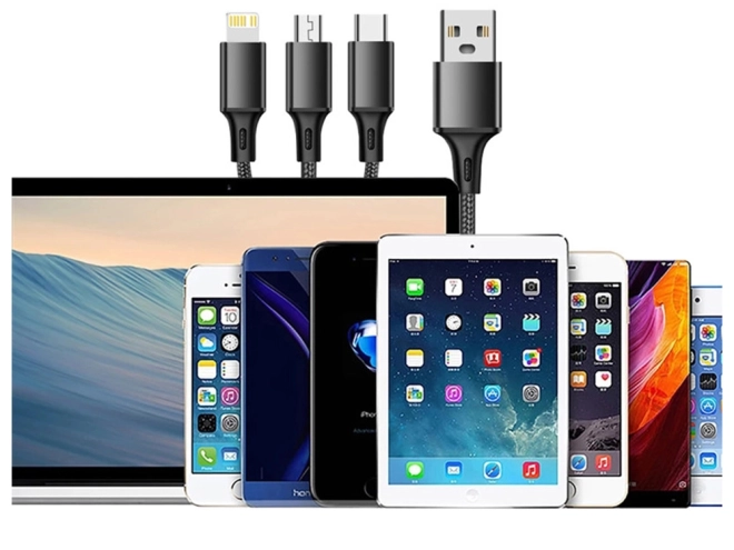 3v1 usb kábel pre telefón lightning kábel iphone micro usb typ-c 1,2 m – Čierna