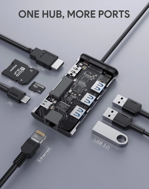 Aukey hliníkový USB-C hub 8v1