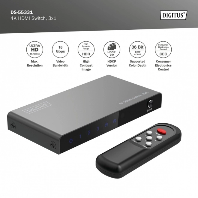 Priechodný HDMI prepínač 4K s diaľkovým ovládačom