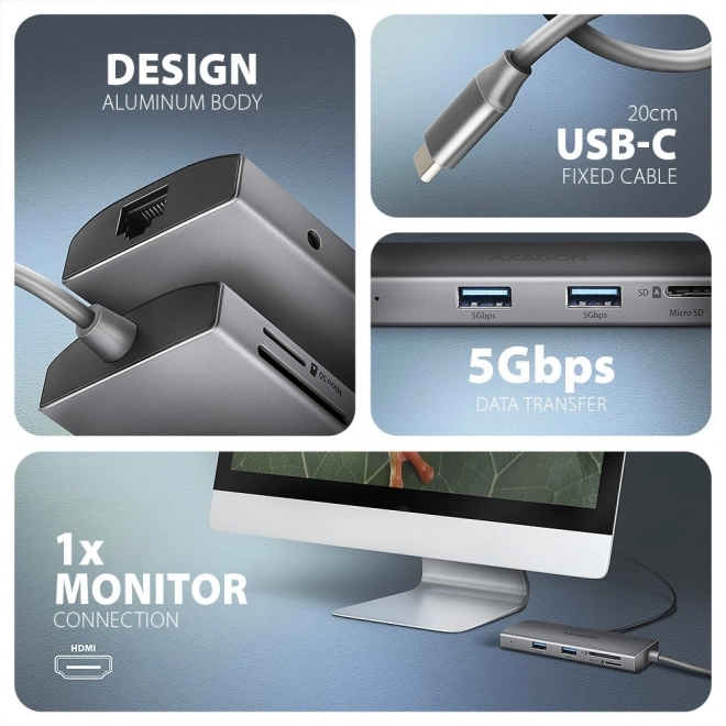 Viacportový USB-C hub Axagon 9v1 s HDMI 4K a nabíjaním 100W