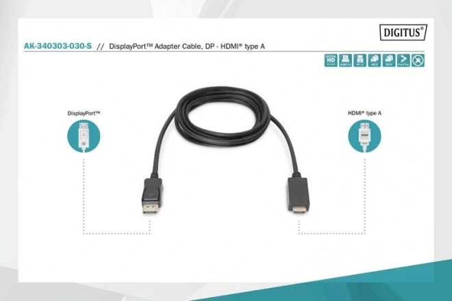 Adaptačný kábel DisplayPort 1.2 so zacvakávacím konektorom 4K 60Hz UHD Typ DP/HDMI A M/M čierny – 3 m