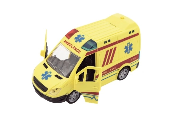 Ambulancia auto plast 20cm na zotrvačník na batérie so zvukom so svetlom v krabici 26x15x12cm