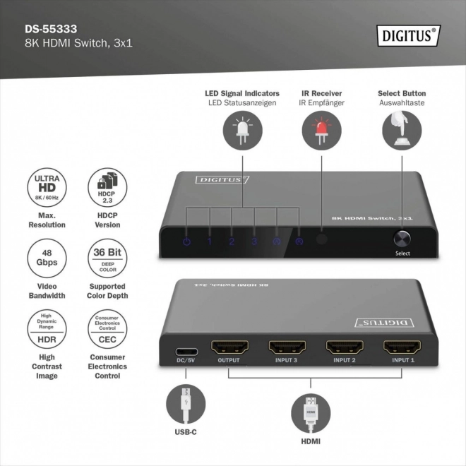 Preklápač HDMI 8K 3x1 s diaľkovým ovládaním
