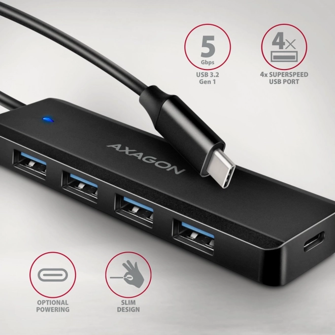 Cestovný USB hub Axagon HUE na 4 porty s napájaním USB-C