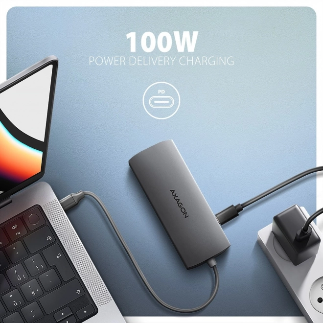 Viacportový USB-C hub Axagon 9v1 s HDMI 4K a nabíjaním 100W