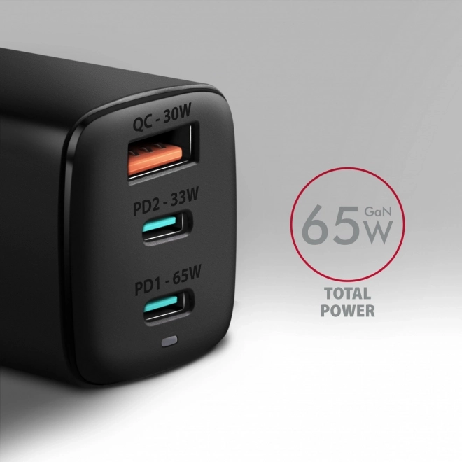 Cestovná nabíjačka AXAGON GaN 65W s 3 portami (USB-A + dual USB-C)