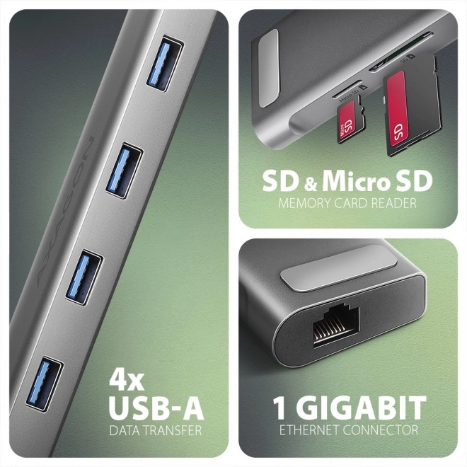 Viacportový USB-C hub AXAGON 5Gbps 9v1