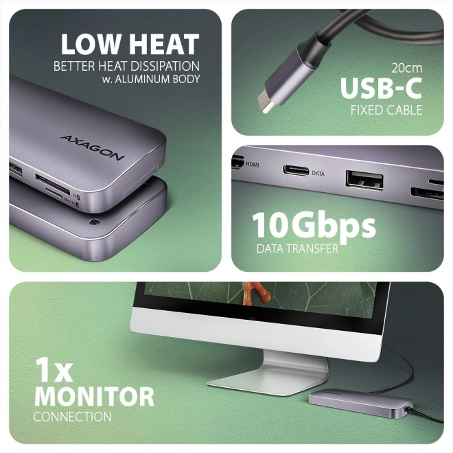 Wieloportový hub 6v1 AXAGON s HDMI, NVMe SSD, USB, SD čítačkou a napájaním