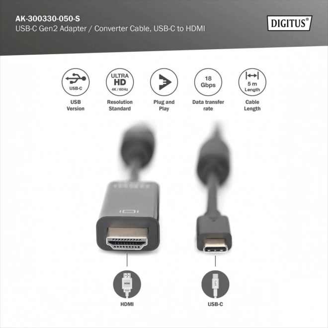 Kábel USB Type-C na HDMI pre prenos video signálu 4K/60Hz 5m čierny