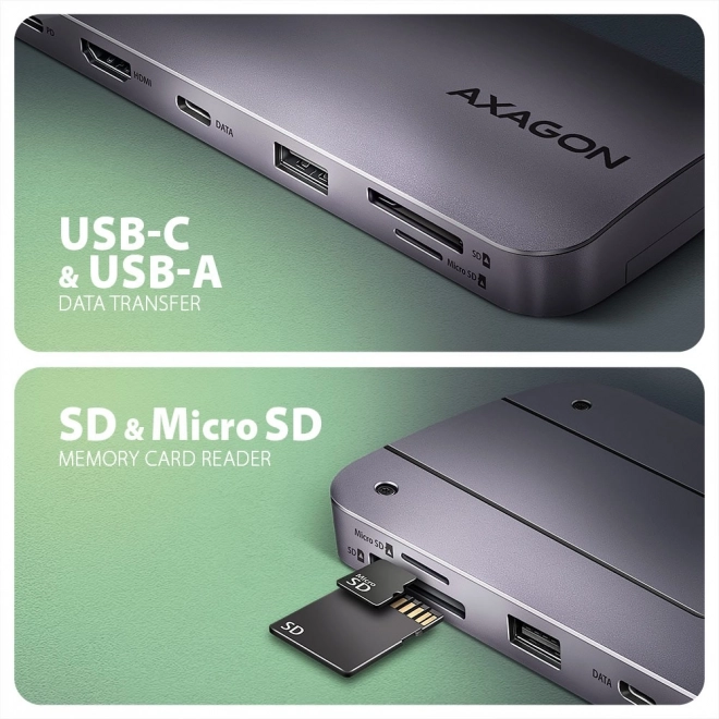 Wieloportový hub 6v1 AXAGON s HDMI, NVMe SSD, USB, SD čítačkou a napájaním