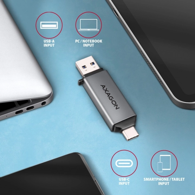 axagon externý čítač kariet USB-C a USB-A pre SD a microSD