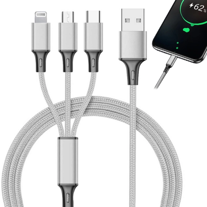 3v1 usb kábel pre telefón lightning kábel iphone micro usb typ-c 1,2 m – Biela
