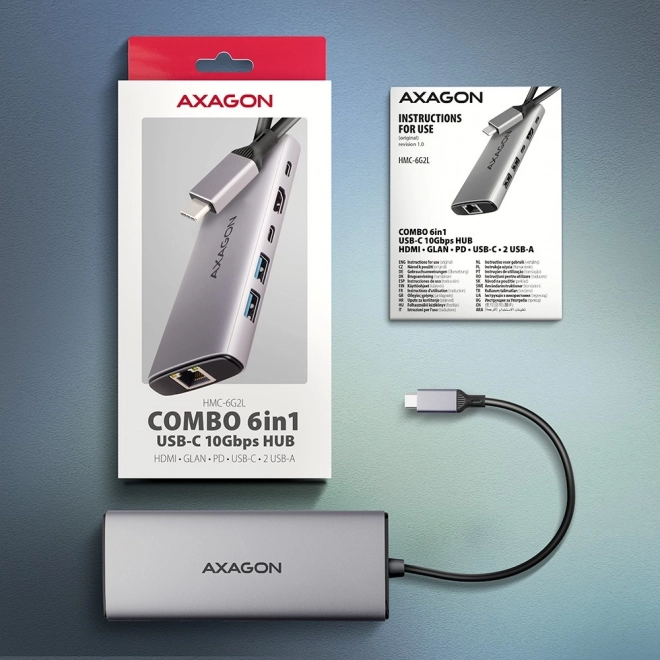 Viacportový USB hub 6v1 AXAGON s 10Gbps