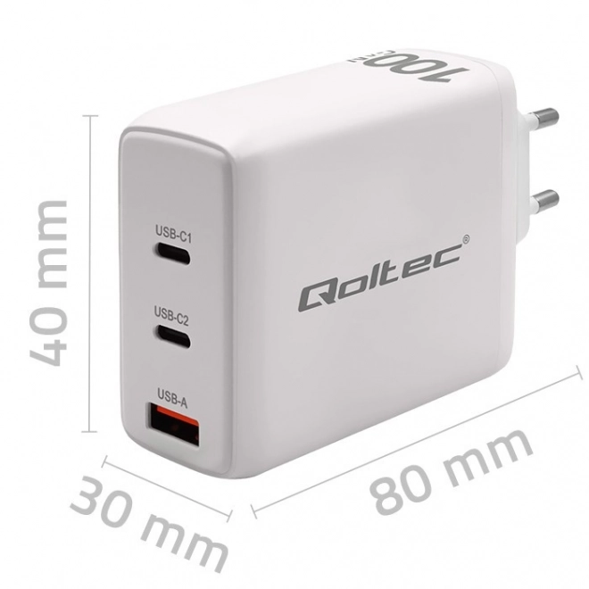 Rýchlonabíjačka 100W GaN s 2x USB-C PD a 1x USB QC 3.0 v bielej farbe