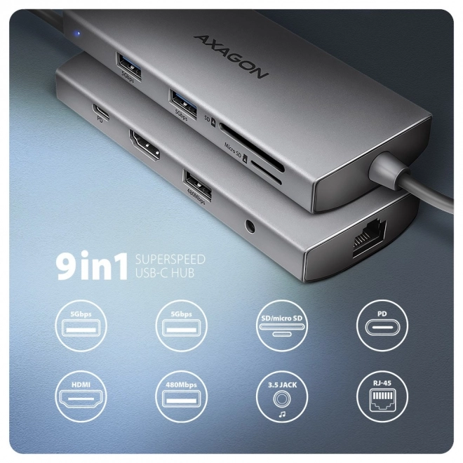 Viacportový USB-C hub Axagon 9v1 s HDMI 4K a nabíjaním 100W