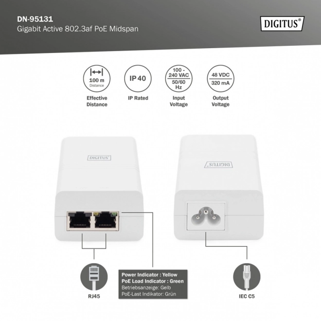 Napájací adaptér/PoE injektor 802.3af 48V 15.4W Gigabit aktívny Biela