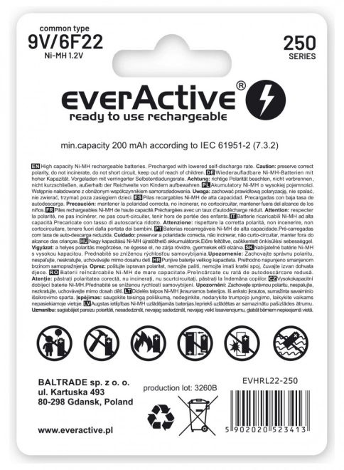 Nabíjateľná batéria everActive 9V Ni-MH 250 mAh pripravená na používanie