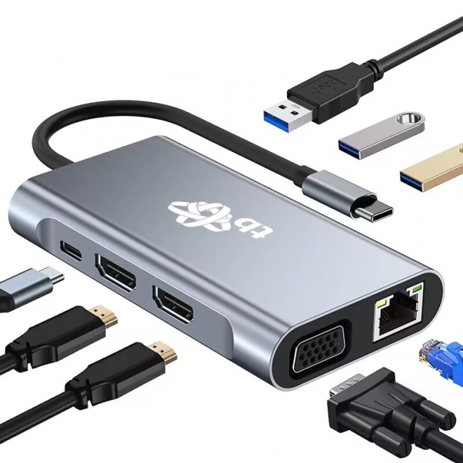 USB-C HUB adaptér 8v1 s HDMIx2, USB, VGA, RJ45 a napájaním