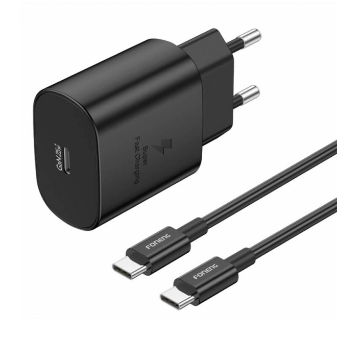 Foneng USB-C sieťová nabíjačka 25W s USB-C káblom v čiernej farbe