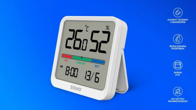 Snímač teploty a vlhkosti, na vnútorné použitie, LCD displej, hodiny, dátum, rukoväť s magnetom, CT-01 – Biela