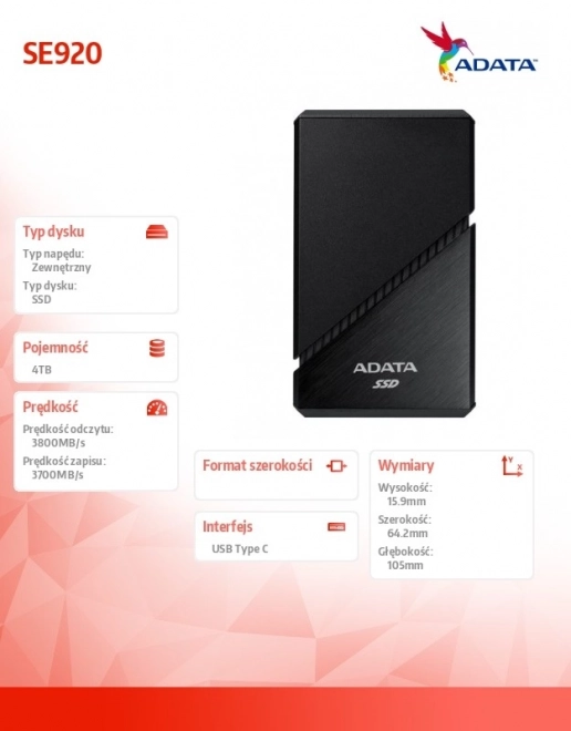 Externý SSD ADATA SE920 4TB USB-C 3800/3700 MB/s čierna