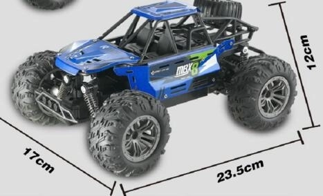 Auto RC buggy off-road modré 22cm plastové 2,4GHz batéria + dobíjací balíček v krabici 32x16x18cm