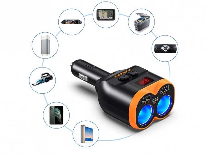 Rýchlo nabíjajúci rozdvojka do auta s dvomi USB-A a jedným USB-C portom