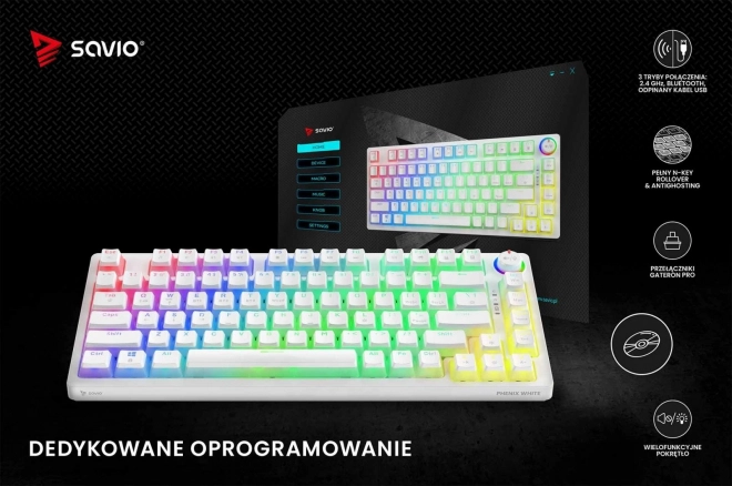 Bezdrôtová mechanická klávesnica savio phenix white gateron yellow pudding
