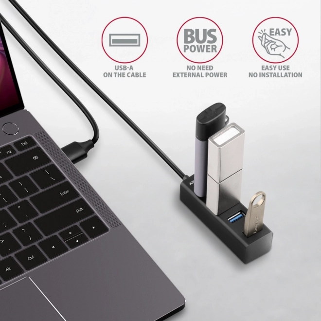 Mini kovový USB hub AXAGON 4-portový USB 3.2 Gen 1 s dĺžkou kábla 1,2 m