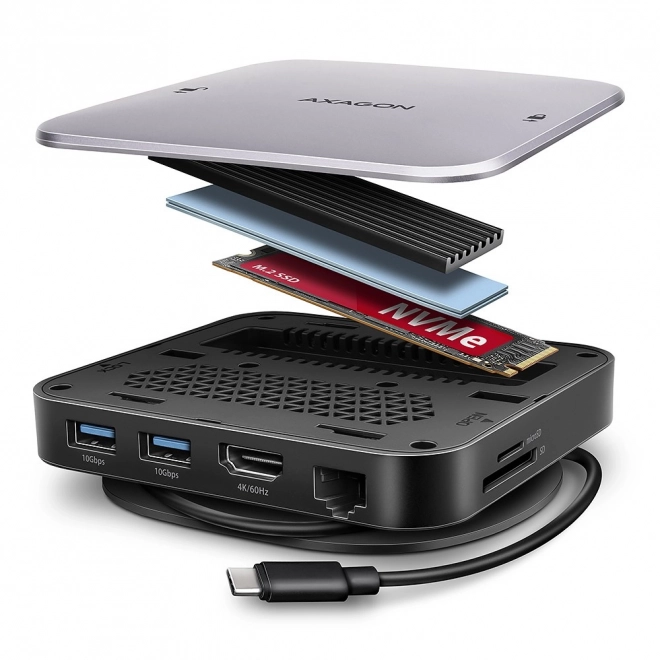 AXAGON viacportový USB‑C hub 9v1 s M.2 NVMe/SATA, HDMI 4K/60 Hz, PD 100 W, GLAN a čítačkou kariet