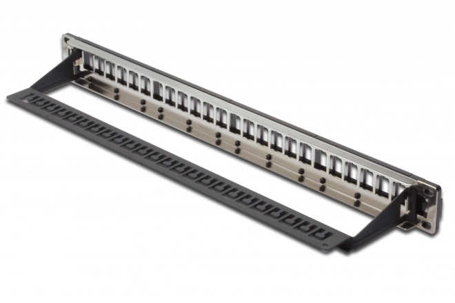 Modulárny patch panel 19" 24 portov na keystone moduly, 1U, tienený s káblovým vedením, vymeniteľné popisné polia Čierny