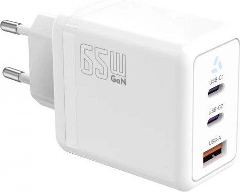 Sieťová nabíjačka 2× USB‑C + USB‑A s Power Delivery, biela, GaN 65 W