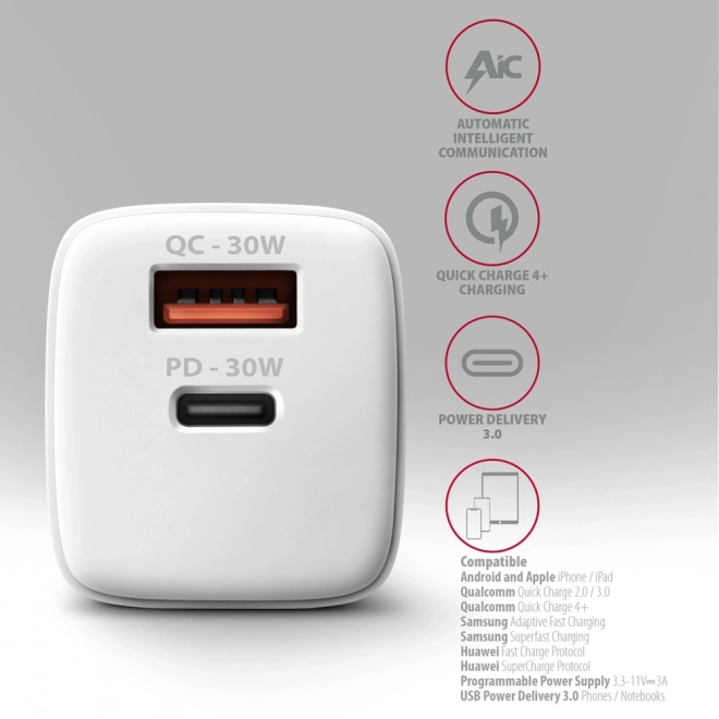 Biela nabíjačka do siete PD & QC 30W