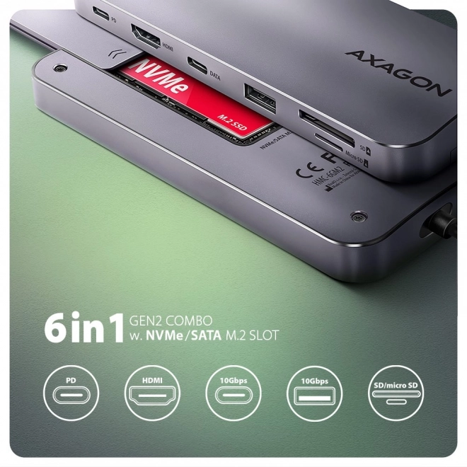Wieloportový hub 6v1 AXAGON s HDMI, NVMe SSD, USB, SD čítačkou a napájaním