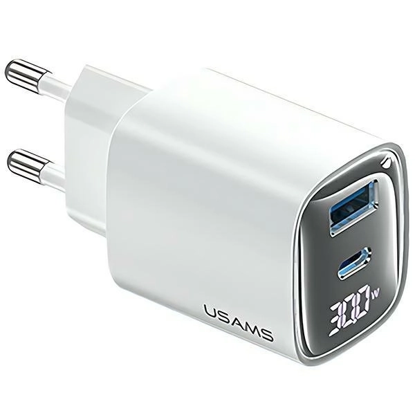 Nabíjačka do siete 30W GaN s LED USB+USB-C Biela