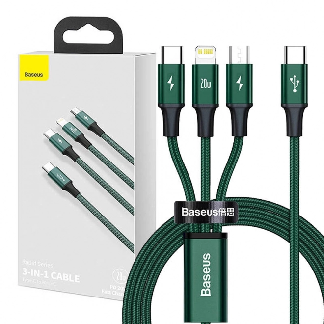 Baseus Rapid Series kábel 3 v 1 USB-C na M+L+T 20W 1,5m (zelený)