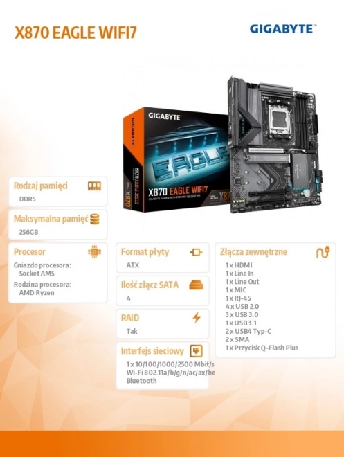 Plochá doska X870 Eagle Wifi7 AM5 4DDR5 HDMI/USB-C ATX