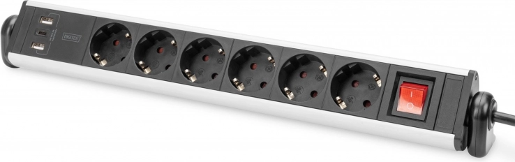 Stolová napájacia lišta so 6 zásuvkami, 2× USB‑A a 1× USB‑C, otočná o 180°, hliníková, so svorkami – DIGITUS