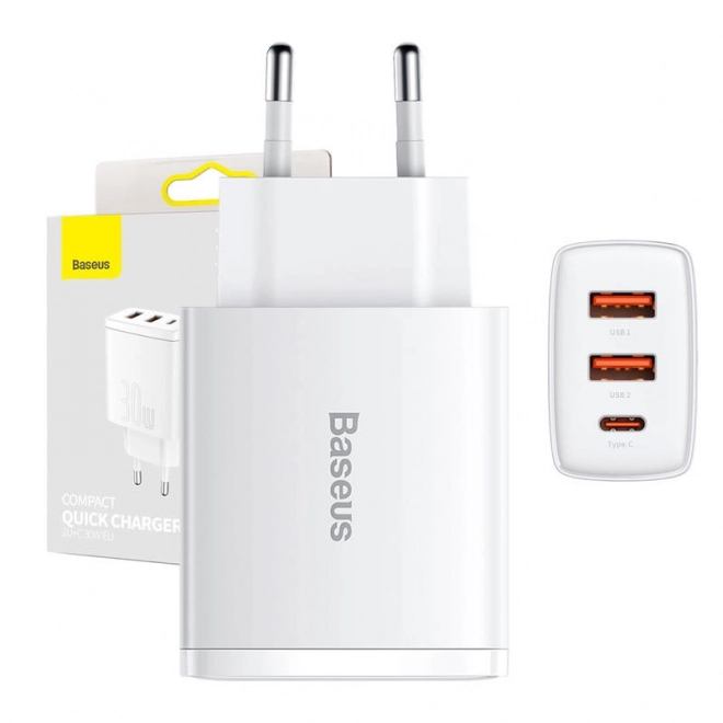 Baseus Rýchla Kompaktná Nabíjačka, 2xUSB, USB-C, PD, 3A, 30W