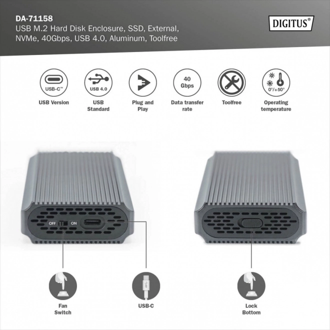 Alumíniové puzdro USB 4.0 Typ C na SSD disk M.2 NVMe 40 Gbps bez použití náradia