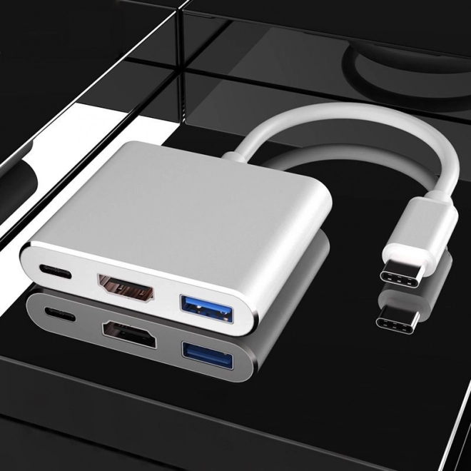 Hliníkový adaptér HUB 3v1 USB-C na HDMI 4K, USB 3.1, USB-C - strieborný