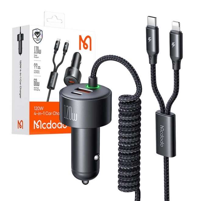 Nabíjačka do auta Mcdodo s USB-C a Lightning, 120W, zasúvacie káble