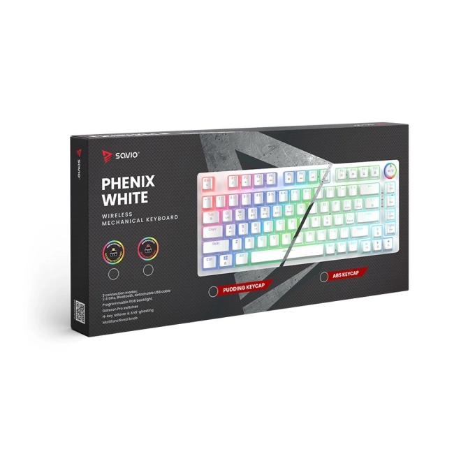 Mechanická bezdrôtová klávesnica Phenix White s Gateron Red Pro a pudding keycapmi
