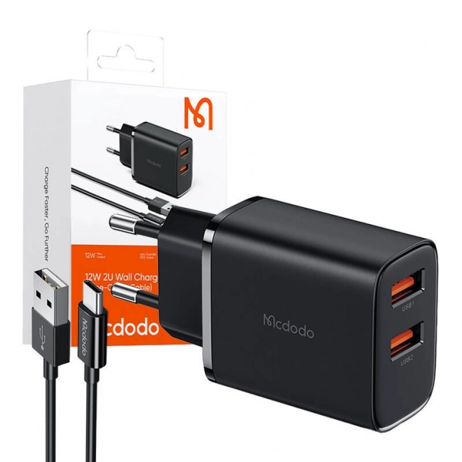 Mcdodo nabíjačka USB-A 2-portová 12W čierna s káblom USB-C