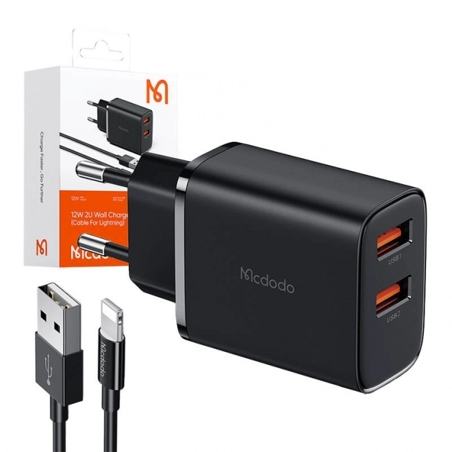 Nabíjačka Mcdodo s USB 2 portami a káblom Lightning čierna