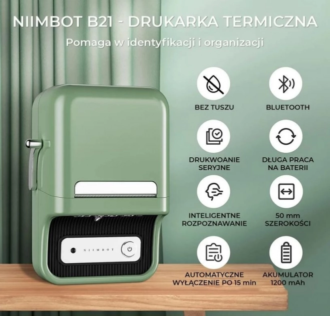 Prenosná tlačiareň etikiet s termálnou tlačou v zelenej farbe