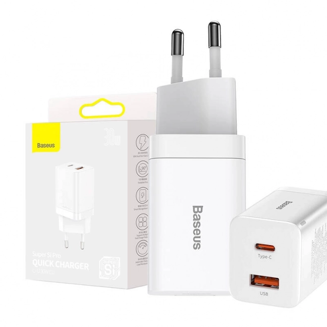 Rýchlonabíjačka Baseus Super Si Pro USB + USB-C 30 W (biela)