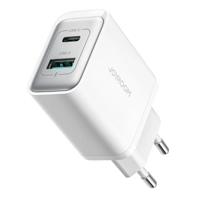 Joyroom dvojitá nabíjačka s USB-C a USB-A, 30W, biela